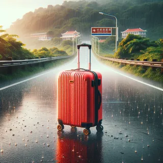 Красный туристический чемодан на колесиках под дождем на фоне дороги к аэропорту на острове Хайнань, Китай, в реалистичном кинематографическом стиле