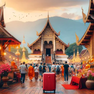 Чиангмай, традиционные буддийские фестивали, красный туристический чемодан возле храма Ват Чеди Луанг