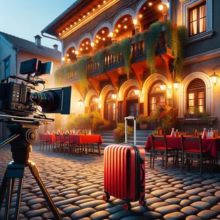 Реалистичное кинематографическое изображение красного туристического чемодана на колесиках на фоне уютного сербского ресторана с классической фасадой