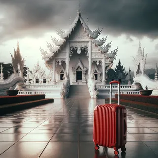 Кинематографическое изображение красного туристического чемодана на колесиках на фоне знаменитого белого храма Wat Rong Khun в Чианграе, без людей