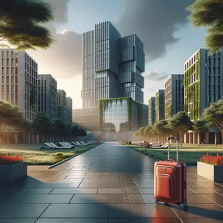 Реалистичный и кинематографический стиль изображения университетского кампуса в Бангалоре с современными зданиями, парком и красным туристическим чемоданом на колесиках