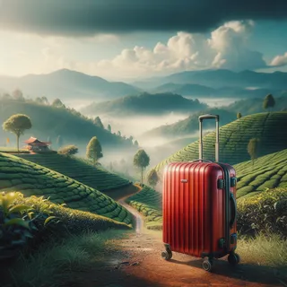 Красный туристический чемодан на колесиках на фоне чайной плантации в Чиангмае в реалистичном кинематографическом стиле