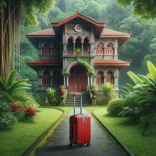 Фасад Виллы Типпу Султана с красным туристическим чемоданом на колесиках перед входом, утопающая в зелени дорога, реалистичный кинематографический стиль