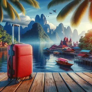 Изображение (не иллюстрация) только в очень реалистичном кинематографическом стиле. На изображении должен присутстовать красный туристический чемодан на колесиках. На изображении не должно быть людей.. Тема изображения: Лангкави и Борнео: лучшие места для отдыха в Малайзии