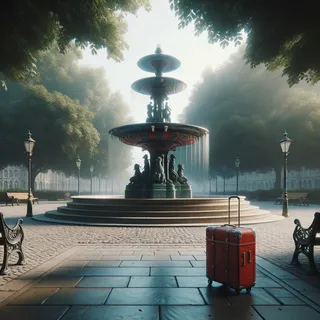 Фонтан Флора, символ британской колониальной эпохи, с красным чемоданом на колесах, реалистичный кинематографический стиль, людей нет