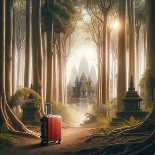 Фотография живописного леса с красным чемоданом на колесиках, окруженного высокими деревьями и старинными храмами на фоне, в кинематографическом стиле
