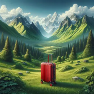 На фоне живописных гор и зеленых пейзажей в стиле гиперреализма стоит одинокий красный чемодан на колесиках.