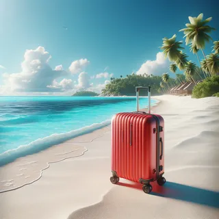 Изображение красного чемодана на колесиках на белом песке тропического пляжа с пальмами и бирюзовым морем на фоне в очень реалистичном кинематографическом стиле