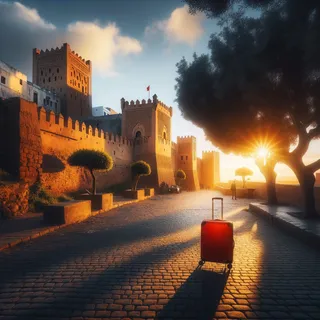Касба Удайя в Рабате, в лучах заходящего солнца, красный чемодан на колесиках, средневековые стены, тенистые деревья, мощеная улочка