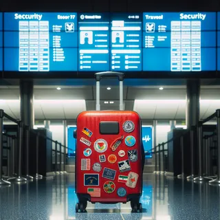Красный туристический чемодан на фоне аэропортовских экранов с информацией о безопасности и биометрической проверки