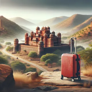 Крепость Рантамбор и живописный пейзаж вокруг нее с красным туристическим чемоданом на колесиках