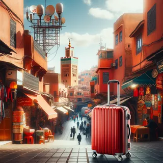 красный чемодан на фоне марокканского уличного пейзажа с вывеской оператора связи