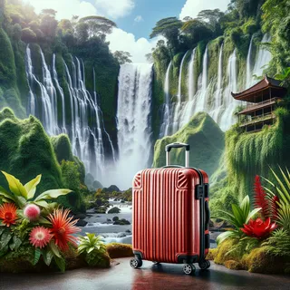 Фотография большого красного туристического чемодана на фоне балийского водопада, окруженного живописной природой