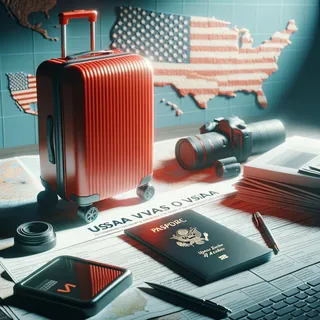 Изображение (не иллюстрация) только в очень реалистичном кинематографическом стиле. На изображении должен присутстовать красный туристический чемодан на колесиках. На изображении не должно быть людей.. Тема изображения: Часто задаваемые вопросы о визах в США для россиян 