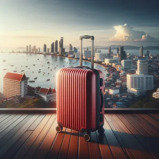 Изображение (не иллюстрация) только в очень реалистичном кинематографическом стиле. На изображении должен присутстовать красный туристический чемодан на колесиках. На изображении не должно быть людей.. Тема изображения: Лучшие смотровые площадки Паттайи 