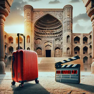 Кинематографическое изображение храма парсов с красным туристическим чемоданом на колесиках на переднем плане