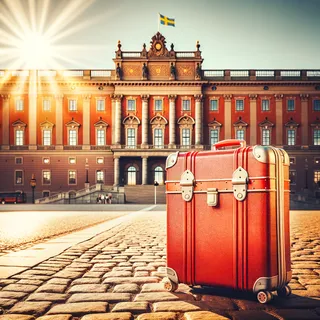 Стокгольм в солнечный день с красным туристическим чемоданом на фоне Королевского дворца