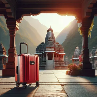 Изображение (не иллюстрация) только в очень реалистичном кинематографическом стиле. На изображении должен присутстовать красный туристический чемодан на колесиках. На изображении не должно быть людей.. Тема изображения: Бхарат Мандир (Shri Bharat Mandir) в Ришикеше