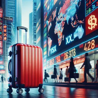 Крупный план красного туристического чемодана на колесиках, стоящего на фоне красочных биржей и обменных пунктов в мегаполисе Таиланда, в реалистичном кинематографическом стиле