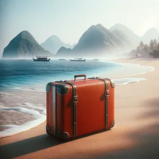 Красный чемодан с колесиками на пляже, индонезийский морской пейзаж на фоне, реалистичное изображение кино качества