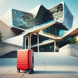 Изображение красного туристического чемодана на колесиках перед современным зданием музея.