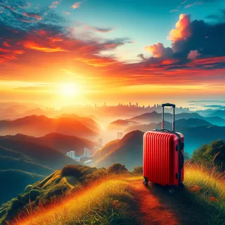 Яркий панорамный вид с высоты, на фоне заката, с красным чемоданом на колесиках на холме