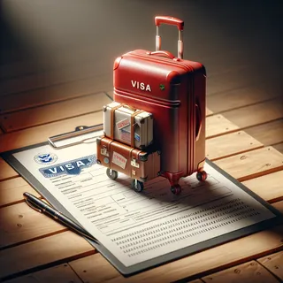 Кинематографический стиль, реалистичное изображение заполненной анкеты DS-160 на фоне красиво упакованного красного туристического чемодана на колесиках на аккуратной деревянной платформе