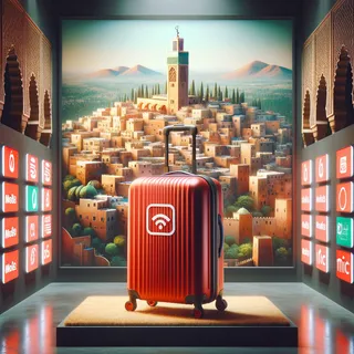 Фотография красного туристического чемодана на колесиках, стоящего перед витриной с логотипами мобильных операторов на фоне городского пейзажа Марокко в кинематографическом стиле