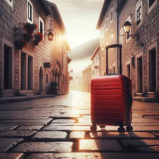 Каменные улочки исторического города Лесковац, на фоне которых стоит красный туристический чемодан на колесиках. Кинематографический стиль, реалистичное освещение, никаких людей на улице, тихая утренняя атмосфера города.