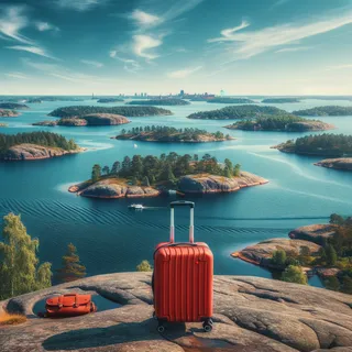 Кинематографический образ, огромный стокгольмский архипелаг с многочисленными островами на фоне синего моря и неба, красный туристический чемодан на колесиках стоит на скалистом берегу