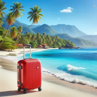 Красивый пляж с голубой водой и белым песком, на котором стоит красный туристический чемодан на колесиках, с видами на тропические пальмы и горную цепь на заднем плане