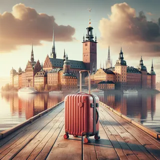 Изображение (не иллюстрация) только в очень реалистичном кинематографическом стиле. На изображении должен присутстовать красный туристический чемодан на колесиках. На изображении не должно быть людей.. Тема изображения: Столица Швеции  — основные достопримечательности, исторические места, культурная жизнь города.