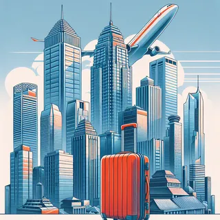 Джакарта, крупный город, небоскребы, современная архитектура, красный туристический чемодан на переднем плане