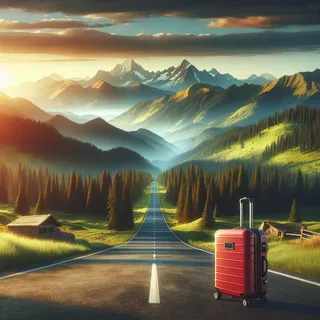 реалистичный кинематографический стиль, красивый горный пейзаж с дорогой, ведущей к храму Нилкантх Махадев, с видом на горы и лес, красный туристический чемодан на колесиках стоит на обочине дороги