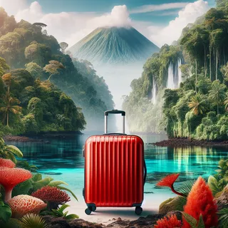 Реалистичное изображение красного туристического чемодана на фоне пышной индонезийской природы, символизирующее разнообразие типов климата