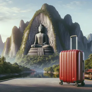 Реалистичное изображение красного туристического чемодана на колесиках на фоне величественной горы с вырезанным изображением Будды, окруженной тропической зеленью и ясным небом