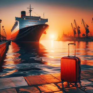 Корабль, пришвартованный у порта при заходе солнца, рядом на набережной стоит красный туристический чемодан на колесиках