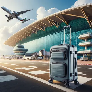 Туристический чемодан на колесиках на фоне аэропорта Шри-Ланки