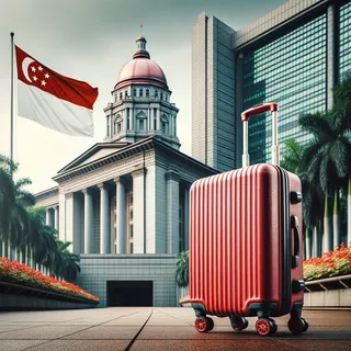 Кинематографический крупный план красного туристического чемодана на колесиках на фоне здания правительства Сингапура и национального флага, без людей