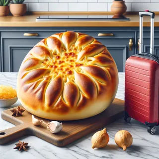 Крупным планом мегрельский хачапури, посыпанный аппетитной золотистой корочкой, стоящий на мраморной кухонной столешнице, красный туристический чемодан на колесиках у основания стола