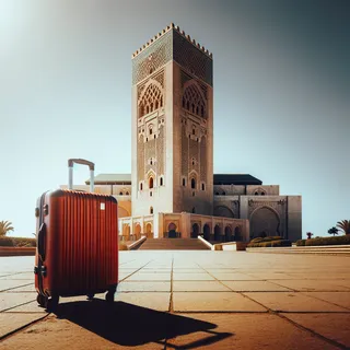Кинематографическое изображение Башни Хассана в Рабате с красным туристическим чемоданом на переднем плане, небо ясное, летний день