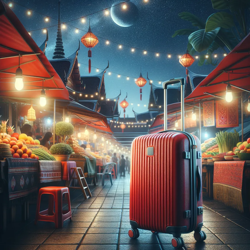 Изображение (не иллюстрация) только в очень реалистичном кинематографическом стиле. На изображении должен присутстовать красный туристический чемодан на колесиках. На изображении не должно быть людей.. Тема изображения: Лучшие ночные рынки Таиланда: Где погрузиться в атмосферу и культуру ночной жизни