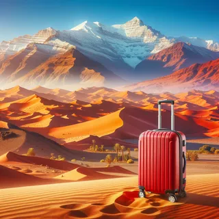 Красный туристический чемодан на колесиках на фоне яркого марокканского пейзажа, где песчаные дюны встречаются с величественными горами, увенчанными снежными вершинами