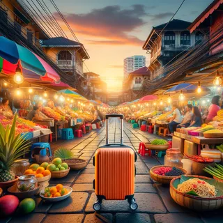 Бангкокская уличная торговая площадка на закате с красочным туристическим чемоданом на колесиках среди торговых рядов, освещенных теплым светом фонарей, реки специй, экзотические фрукты и жареная лапша, на фоне колоритных зданий и листьев пальм