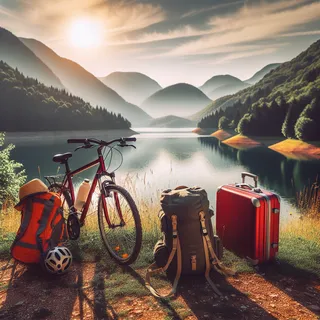 Туристический рюкзак и велосипед на фоне озера в национальном парке Сербии, передний план - красный туристический чемодан