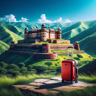 Изображение древнего форта в Индии, окруженного зелеными холмами и ясным голубым небом, на переднем плане красный туристический чемодан на колесиках
