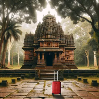 Фасад древнеиндийского храма в окружении спокойной природы, красный туристический чемодан на колесиках стоит у центрального входа