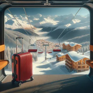 Изображение (не иллюстрация) только в очень реалистичном кинематографическом стиле. На изображении должен присутстовать красный туристический чемодан на колесиках. На изображении не должно быть людей.. Тема изображения: Обзор горнолыжных курортов Грузии: куда стоит поехать и почему4