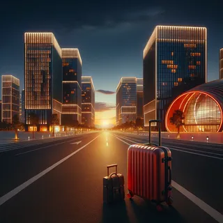 Ночное освещение современного города с высоким небом на фоне заката, рядом с современными зданиями лежит красный туристический чемодан на колесиках на пустынной улице