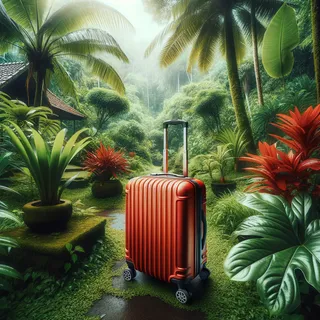 Красный туристический чемодан на колесиках среди зелёной природы Бали, окруженной экзотическими растениями и пальмами, на изображении без людей, яркие натуральные краски, кинематографический стиль